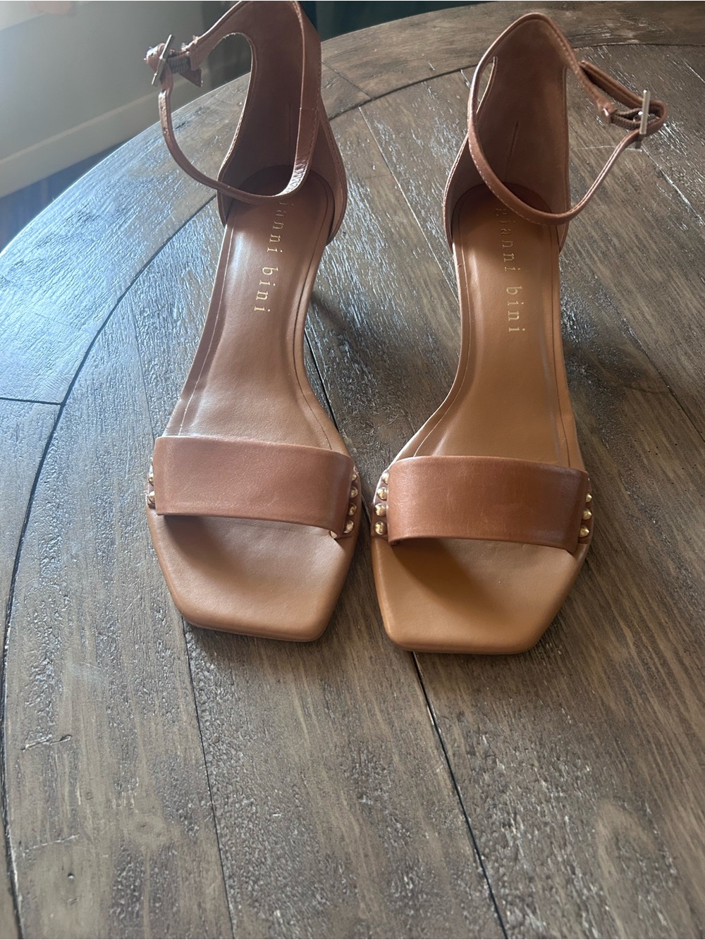 Gianni Bini Tan Leather Studded Ankle-Strap Heels